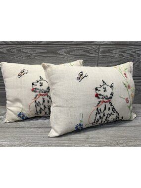 Vintage Hand Embroidered Throw Pillows Puppy Dog with Butterfly Set Of 2 READ